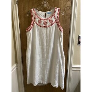 J McLaughlin Shift Dress Size L White Embroidered 100% Linen Pockets Knee Length
